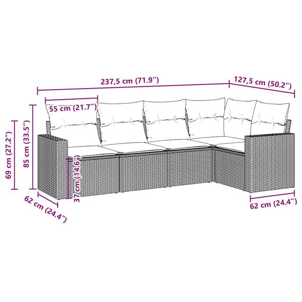 vidaXL 5-daļīgs dārza dīvānu komplekts, matrači, brūna PE rotangpalma