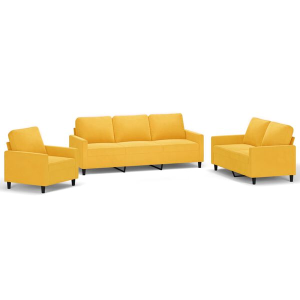 vidaXL trīsdaļīgs dīvānu komplekts ar spilveniem, dzeltens samts
