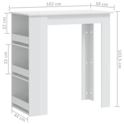vidaXL bāra galds ar plauktu, spīdīgi balts, 102x50x103,5 cm