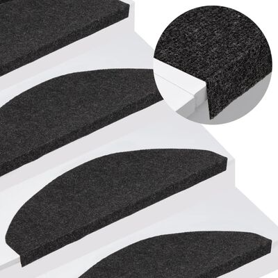 vidaXL kāpņu paklāji, 15 gab., pašlīmējoši, 65x22,5x3,5 cm, melni