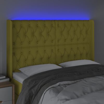 vidaXL gultas galvgalis ar LED, 147x16x118/128 cm, zaļš audums