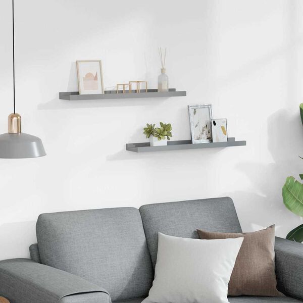 vidaXL sienas plaukti ar apmalēm, 2 gab., pelēki, 60x9x3 cm, MDF