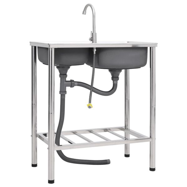 vidaXL kempinga izlietne ar 2 bļodām un krānu, nerūsējo&scaron;s tērauds