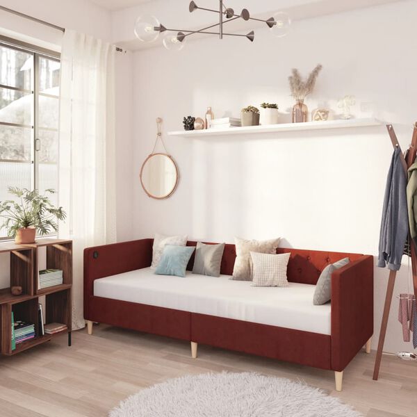 vidaXL dīvāngulta, USB, vīnsarkans audums, 90x200 cm