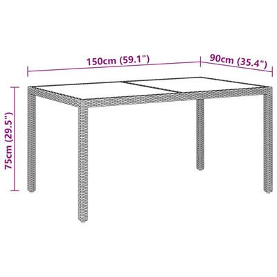 vidaXL dārza galds, 150x90x75 cm, rūdīts stikls, pelēka PE rotangpalma