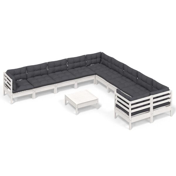 vidaXL 11-daļīgs dārza mēbeļu komplekts ar matračiem, balta priede