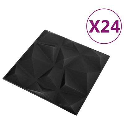 vidaXL 3D sienas paneļi, 24 gab., 50x50 cm, melni dimanti, 6 m²