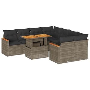 vidaXL 9-daļīgs dārza dīvāna komplekts ar matračiem, pelēks PE pinums