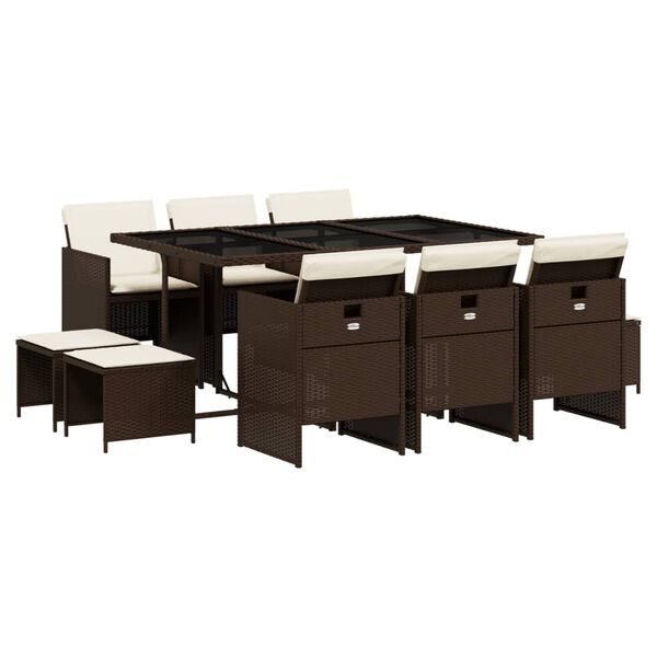 vidaXL 11-daļīgs dārza mēbeļu komplekts, matrači, brūna PE rotangpalma