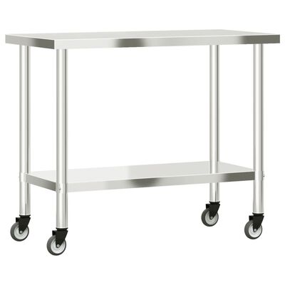 vidaXL virtuves darba galds, riteņi, 110x55x85 cm, nerūsējošs tērauds