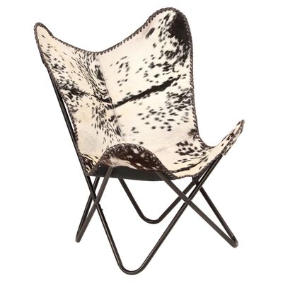 vidaXL tauriņa formas krēsls, melns ar baltu, īsta kazas āda