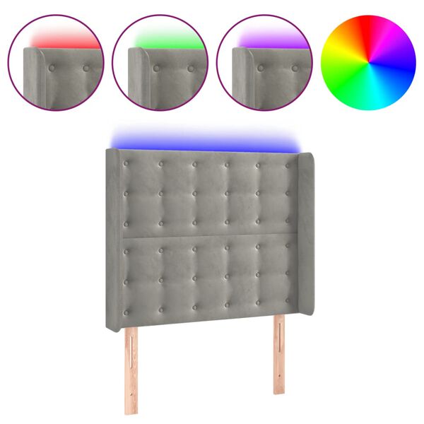 vidaXL gultas galvgalis ar LED, 103x16x118/128 cm, gai&scaron;i pelēks samts