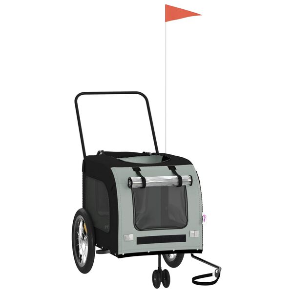 vidaXL mājdzīvnieku velo piekabe, melna ar pelēku, audums un dzelzs