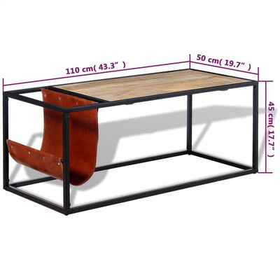 vidaXL kafijas galdiņš ar žurnālu turētāju no īstas ādas, 110x50x45 cm