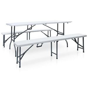 vidaXL saliekams dārza galds ar 2 soliem, 180 cm, tērauds, HDPE, balts