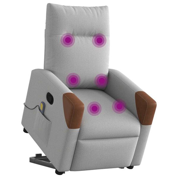 vidaXL masāžas krēsls, paceļams, atgāžams, mākonis pelēks audums