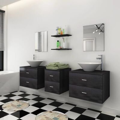 vidaXL vannas istabas mēbeles, izlietnes un krāni, 9 gab., melnā krāsā