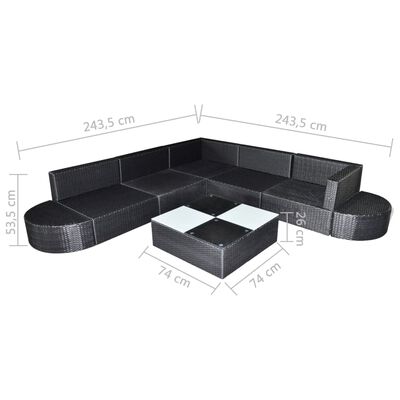 vidaXL 8-daļīgs dārza mēbeļu komplekts, matrači, PE rotangpalma, melns