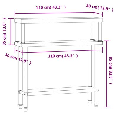 vidaXL virtuves darba galds ar plauktu, 110x30x120 cm, tērauds