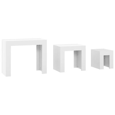 vidaXL kafijas galdiņi, 3 gab., sabīdāmi, spīdīgi balti, skaidu plātne