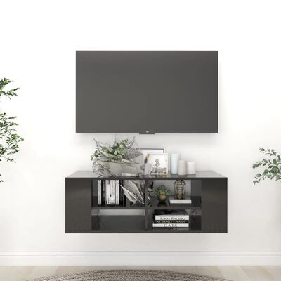 vidaXL sienas TV plaukts, spīdīgi melns, 102x35x35 cm, skaidu plāksne