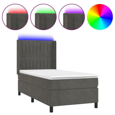 vidaXL atsperu gulta ar matraci, LED, tumši pelēks samts, 90x200 cm