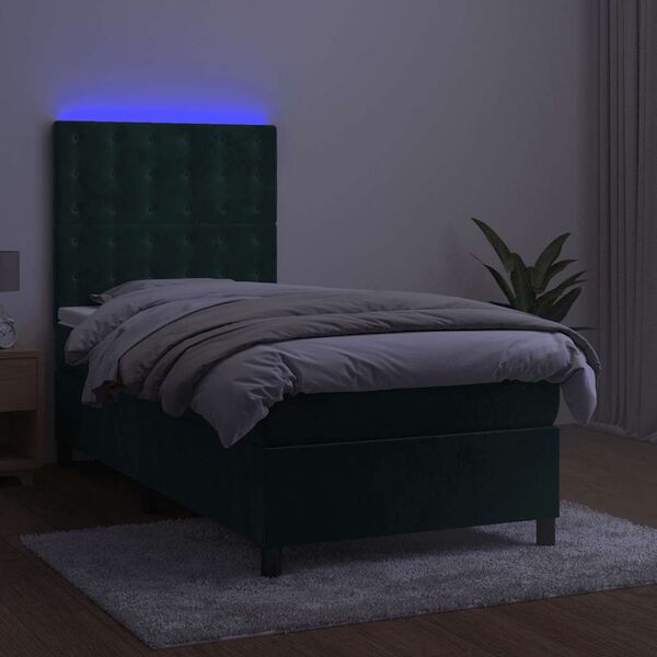 vidaXL atsperu gulta ar matraci, LED, tum&scaron;i zaļ&scaron; samts, 90x190 cm