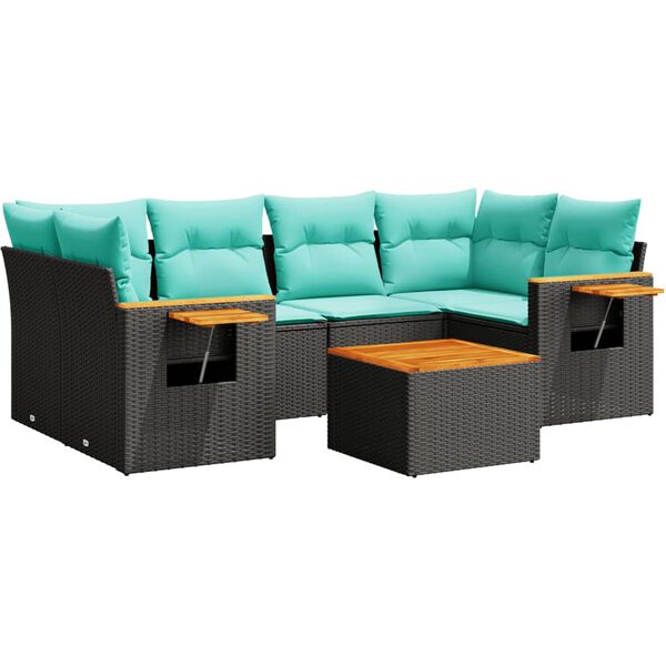 vidaXL 7-daļīgs dārza dīvāna komplekts ar matračiem, melna rotangpalma