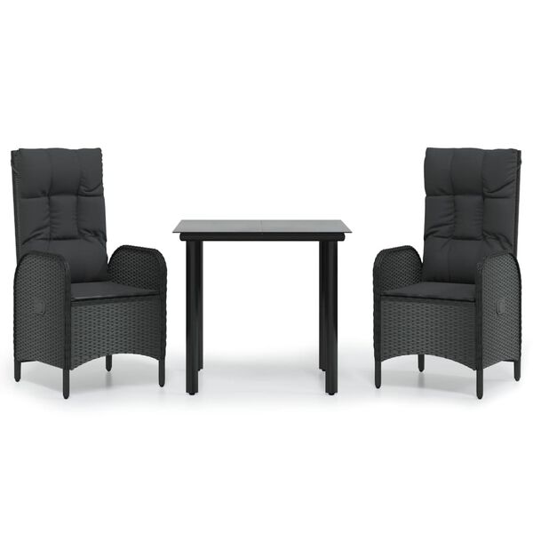 vidaXL 3-daļīgs dārza mēbeļu komplekts ar matračiem, melns, PE pinums