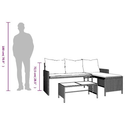 vidaXL dārza dīvāns ar galdiņu un spilveniem, pelēka PE rotangpalma