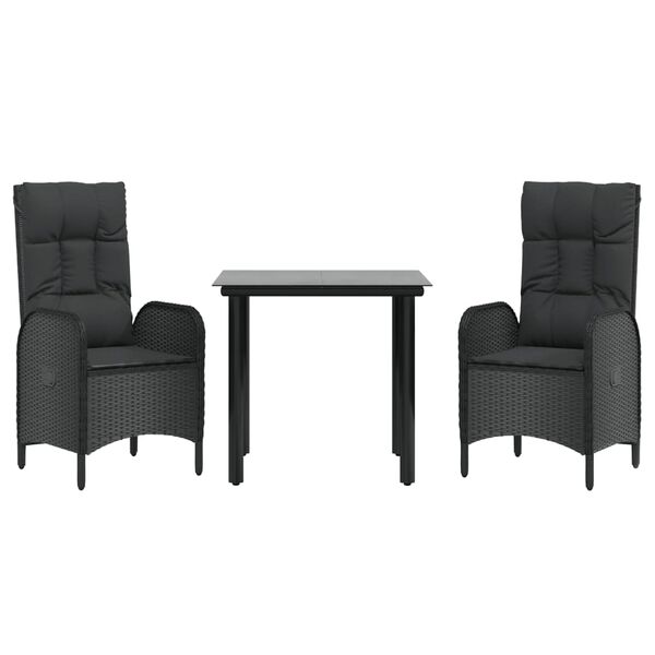 vidaXL 3-daļīgs dārza mēbeļu komplekts ar matračiem, melns, PE pinums