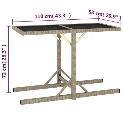 vidaXL dārza galds, bēšs, 110x53x72 cm, stikls un polietilēna