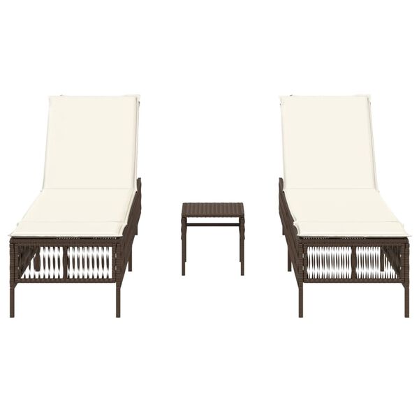 vidaXL sauļo&scaron;anās zviļņi, 2 gab., ar galdiņu, brūna PE rotangpalma