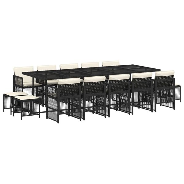 vidaXL 15-daļīgs dārza mēbeļu komplekts ar matračiem, melns PE