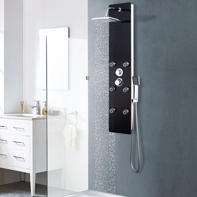 vidaXL dušas sistēma ar paneli, 25x44,6x130 cm, stikls, melna