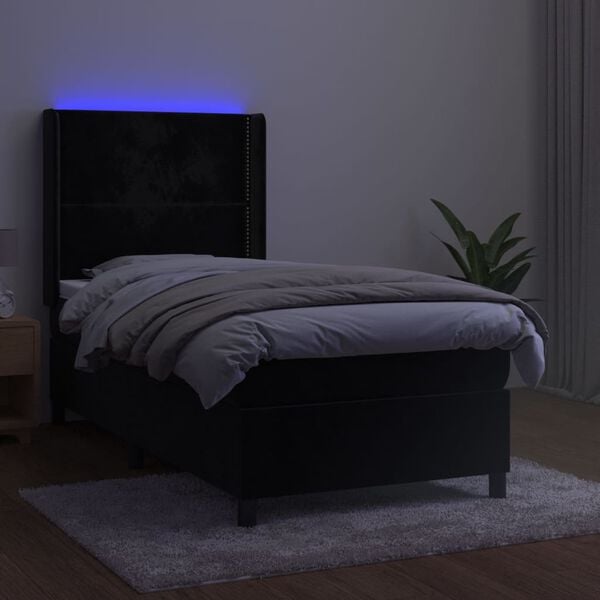 vidaXL atsperu gulta ar matraci, LED, melns samts, 90x190 cm