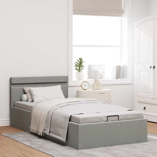 vidaXL gultas rāmis ar LED, hidraulikas mehānisms, gai&scaron;i pelēks audums