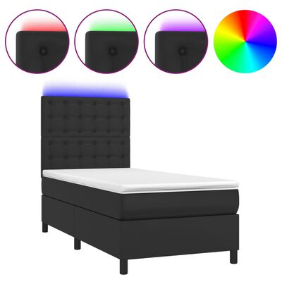 vidaXL atsperu gulta ar matraci, LED, melna, 90x200 cm, mākslīgā āda