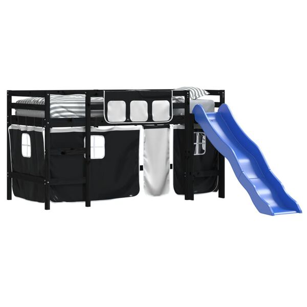 vidaXL bērnu gulta ar aizkariem, melni ar baltu, 90x200 cm, priede