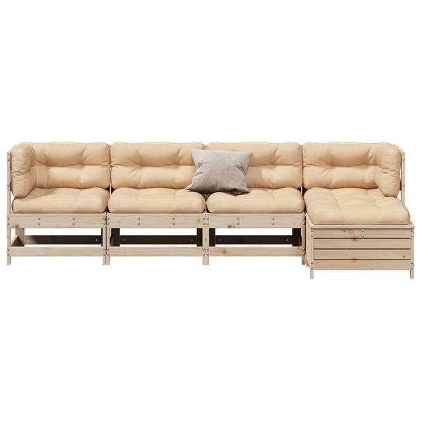 vidaXL 5-daļīgs dārza mēbeļu komplekts ar matračiem, priedes koks