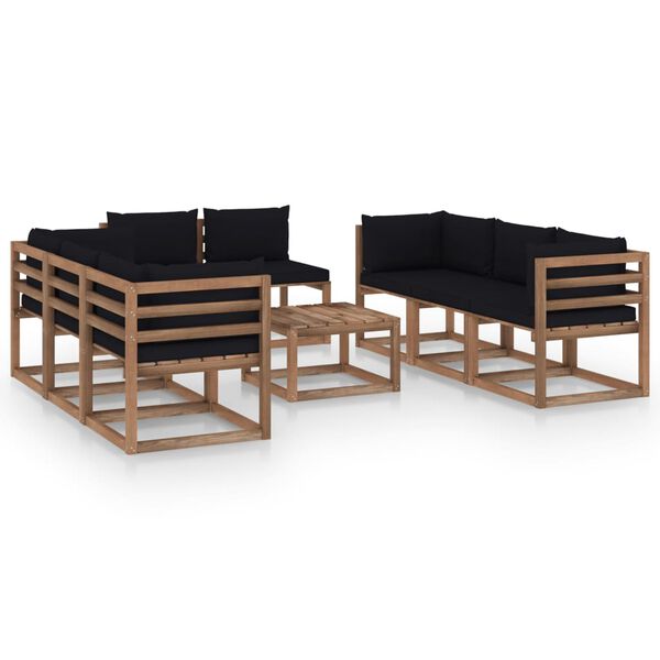 vidaXL 9-daļīgs dārza atpūtas mēbeļu komplekts, melni matrači