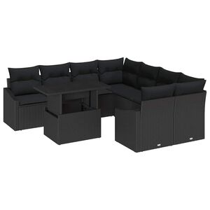 vidaXL Dārza dīvānu komplekts ar spilvenu 9 pcs Melna poliratāns