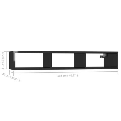 vidaXL sienas plaukts, spīdīgi melns, 102x30x17 cm, skaidu plāksne