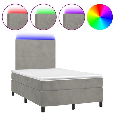 vidaXL atsperu gulta ar matraci, LED, gaiši pelēks samts, 120x200 cm