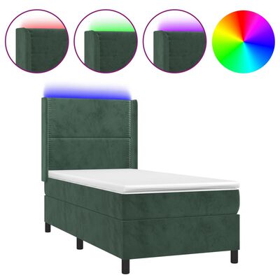 vidaXL atsperu gulta ar matraci, LED, tumši zaļš samts, 100x200 cm