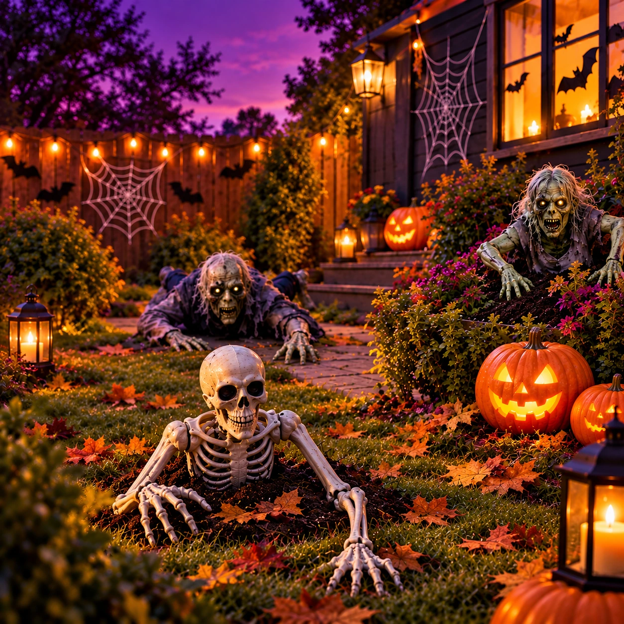 Helovīna dārzs ar skeletu, zombijiem un spīdošiem ķirbjiem