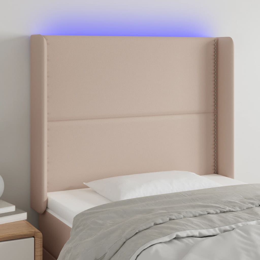 vidaXL gultas galvgalis ar LED, 93x16x118/128cm, kapučīno mākslīgā āda