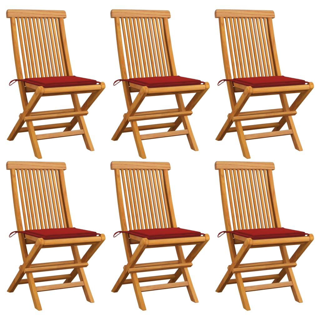 vidaXL dārza krēsli, sarkani matrači, 6 gab., masīvs tīkkoks