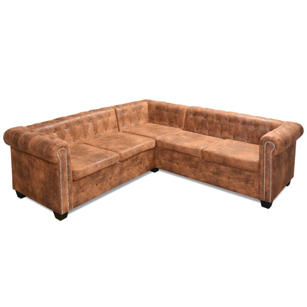 vidaXL divvietīgs Chesterfield stūra dīvāns, brūna mākslīgā āda