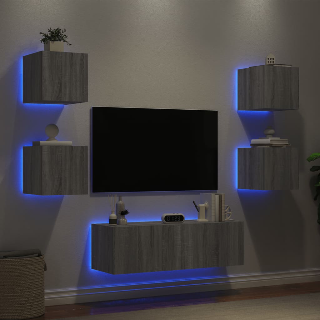 vidaXL TV sienas skapīši ar LED, 5 gab., pelēka ozola